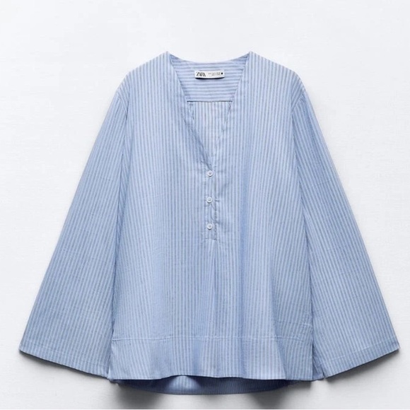 ZARA BLUE WHITE STRIPE COTTON BLEND V NECK POPLIN BLOUSE  WITH VENTS SIZE M - Picture 3 of 11